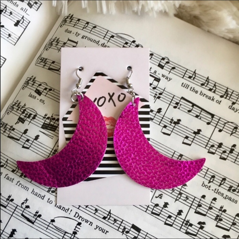 Statement vegan leather moon fuchsia dangle
